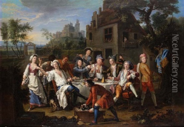 Dejeuner Champetre De Gentilshommes Dans Une Cour De Ferme Oil Painting - Francois Octavien