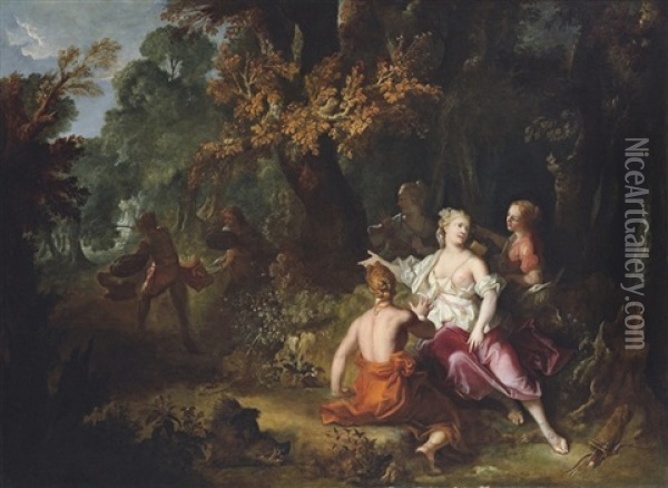 Atalanta And Her Companions Looking At Meleager Fighting Against One Of His Uncles Oil Painting - Nicolas de Largilliere