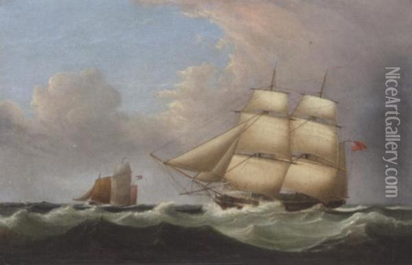 British Naval Brig Chasing A Dutch Lugger Oil Painting - John Lynn