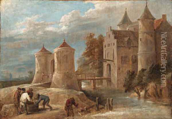 A landscape with fishermen before a castle with a drawbridge Oil Painting - David III Teniers