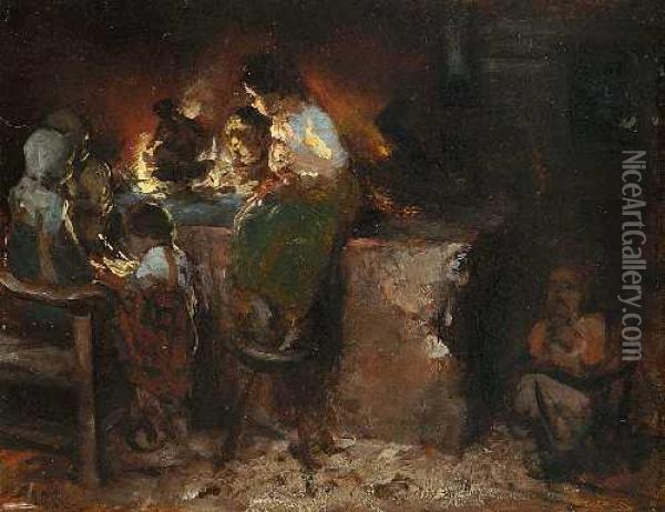 Kinder Im Schein Des Feuers In Der Stube Oil Painting - Hermann Kaulbach
