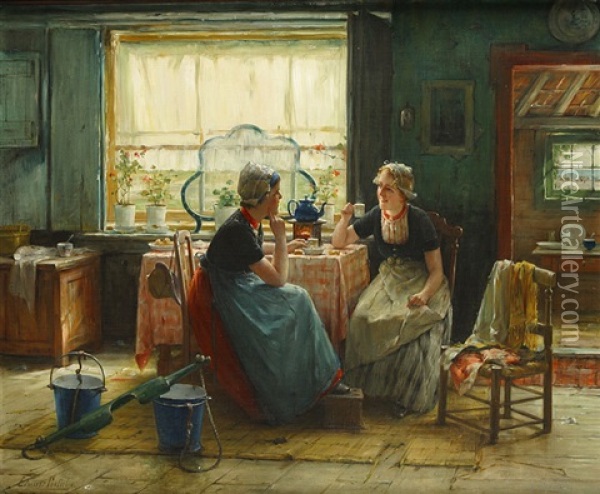 Twee Zeeuwse Dames In Een Interieur Oil Painting - Edward Antoon Portielje