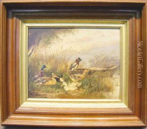 Ducks At Pond's Edge Oil Painting - Julius Scheurer