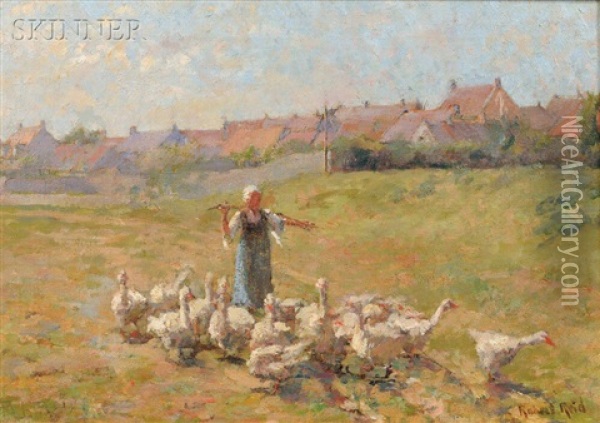 Peasant Girl With Geese Oil Painting - Robert Reid