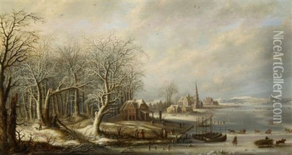 Weite Winterliche Flusslandschaft Mit Blick Auf Eine Hafenstadt Oil Painting - Denis van Alsloot
