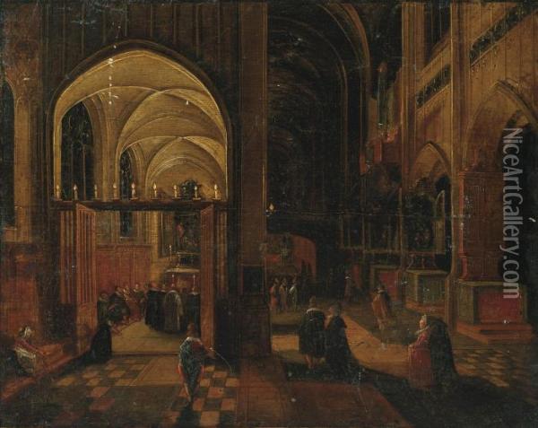 A Gothic Church Interior With Mass Being Celebrated In A Side Chapel Oil Painting - Hendrick van, the Younger Steenwyck