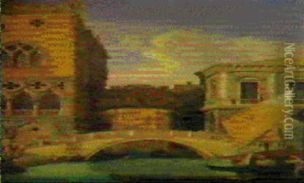 Venezia. Blick Vom Wasser Auf Gondeln, Den Dogenpalast      Links, Die Hauserschlucht Am Rio Di Palazzo... Oil Painting - Friedrich Nerly