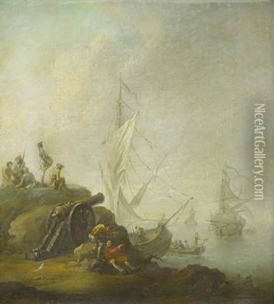 A Rocky Coast With Soldiers Beside A Canon With Shipping Beyond Oil Painting - Adrien Manglard