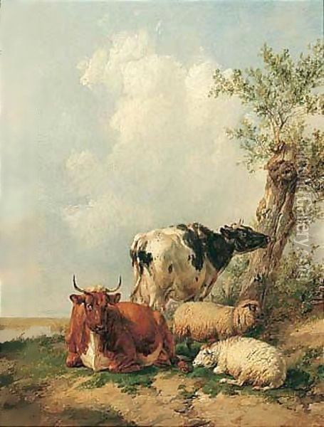 Sheep And Cattle Resting Oil Painting - Thomas Sidney Cooper