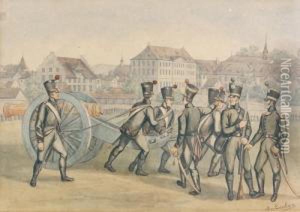 Soldaten Mit Kanone Vor Einer Stadt. Oil Painting - Albert Von Escher