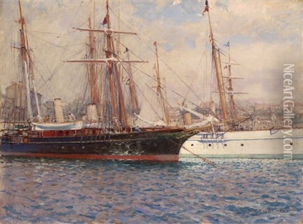 Sailing Ships In A Harbor Oil Painting - Nikolai Nikolaevich Gritsenko