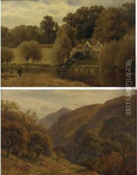 The Ferry Crossing And Sheep Grazing In A Landscape: Two Works Oil Painting - Henry Cheadle