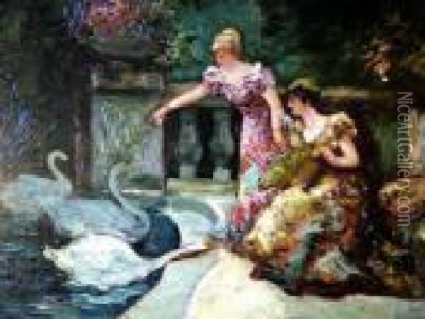 Feeding The Swans Oil Painting - Adolphe Joseph Th. Monticelli