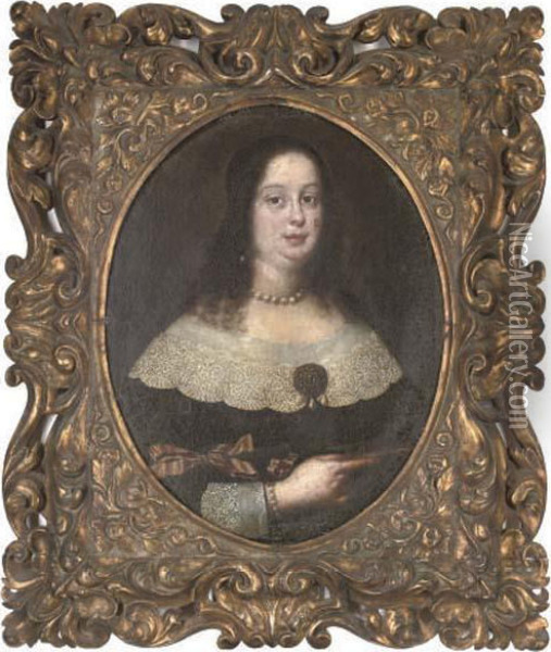Portrait Of A Lady, 
Quarter-length, In A Black Dress With White Lace Trim, Holding A Book In
 Her Right Hand Oil Painting - Justus Sustermans