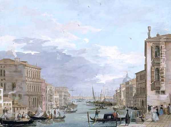 The Grand Canal, Venice, looking east from the Campo di San Vio, with the Palazzo Corner, barges and gondolas, the dome of Santa Maria della Salute Oil Painting - Giuseppe Bernardino Bison