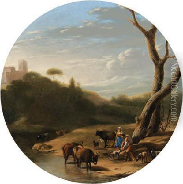 An Italianate Wooded Landscape 
With A Herdsman And A Shepherdess,cattle And Goats Watering At A Stream Oil Painting - Cornelis Van Poelenburch