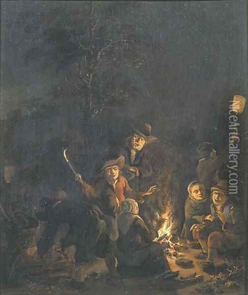Boors gathered around a bonfire at night Oil Painting - Egbert van der Poel