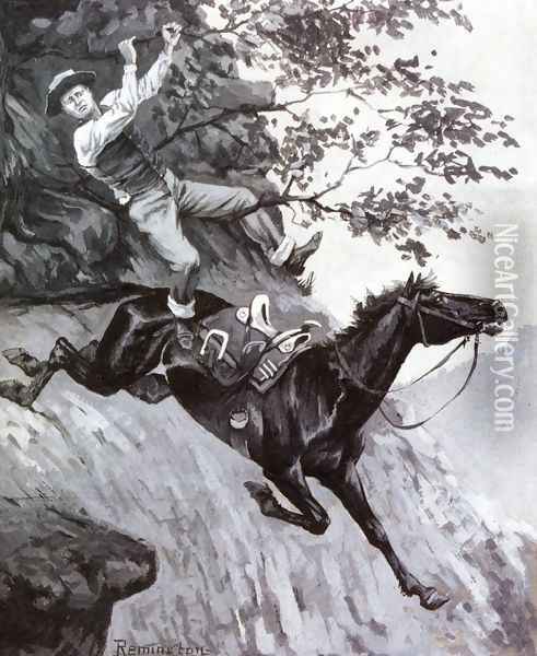 Tom Kicked Away the Stirrups and Grasped the Low Branch of a Live Oak Tree Oil Painting - Frederic Remington