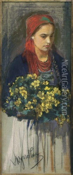 Girl With Flowers Oil Painting - Leon Wyczolkowski