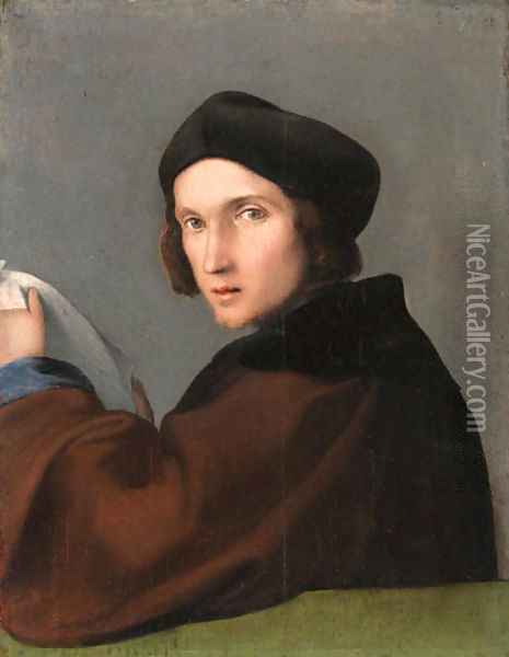 Portrait of a young man, half-length, in a brown mantle and a dark cap, a letter in his hands Oil Painting - Lorenzo Lotto