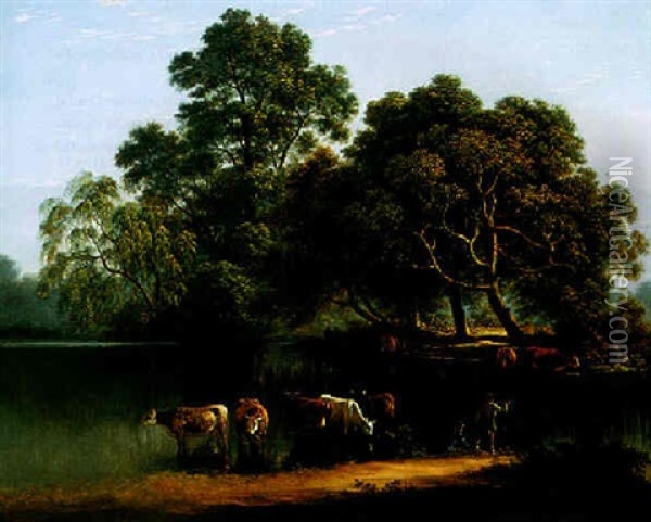 Farmers With Their Cattle Resting In A Lake Oil Painting - John Glover