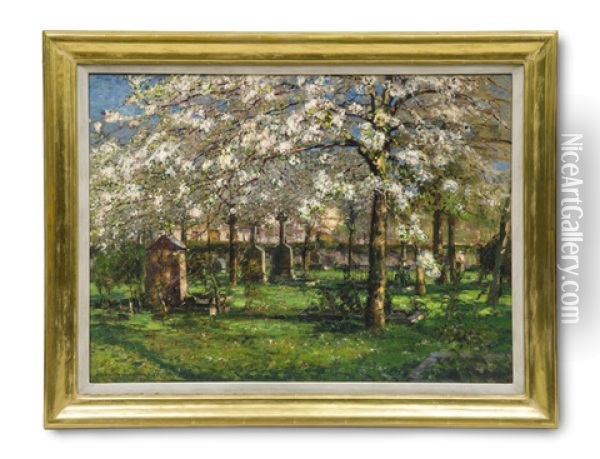 Sonniger Friedhof Zur Baumblute Oil Painting - Heinrich Hermanns