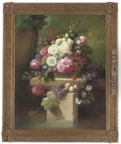 Pink Peonies, Morning Glory, Hollyhocks, Plums And Grapes Oil Painting - Thomas Webster