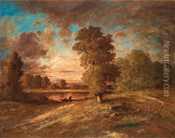 Paysage Au Crepuscule (landscape With Sunset) Oil Painting - Theodore Rousseau