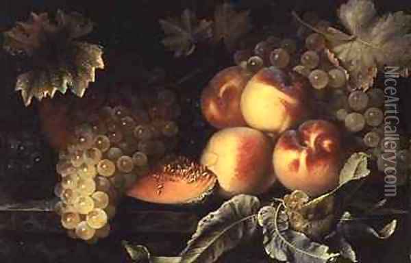 Still Life with Peaches Melon and Grapes Oil Painting - Pierre Dupuis