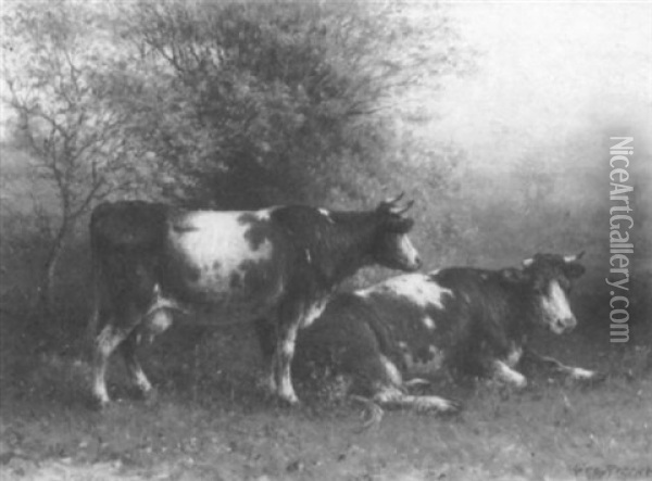 Two Cows Resting In A Landscape Oil Painting - Johann George Lodewyk Riecke