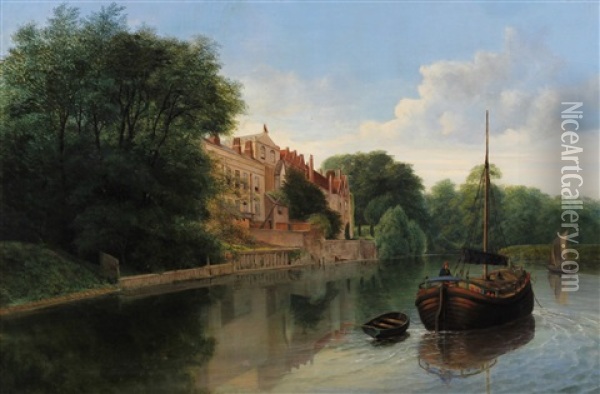 A River Landscape With Sailing Barge Passing A Large House, Possibly On The Thames Oil Painting - George Farrington Hornibrook