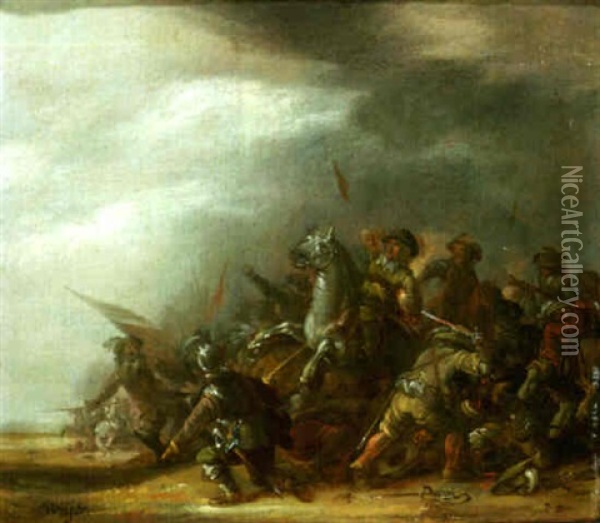 A Cavalry Engagement Oil Painting - Jacob Matthias Weyer