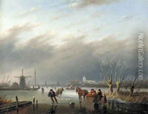 Skaters on a frozen estuary Oil Painting - Jan Jacob Spohler