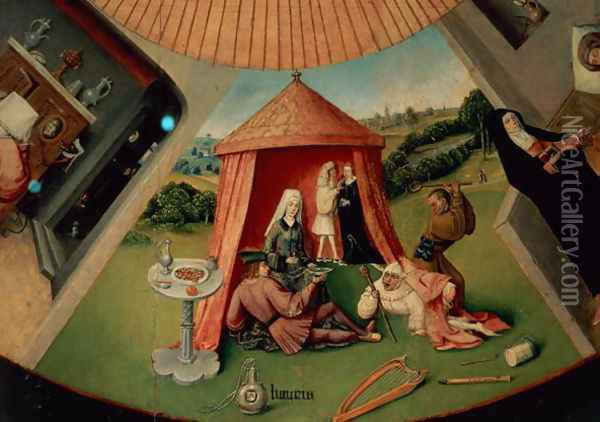 Luxury, detail from The Table of the Seven Deadly Sins and the Four Last Things, c.1480 Oil Painting - Hieronymous Bosch