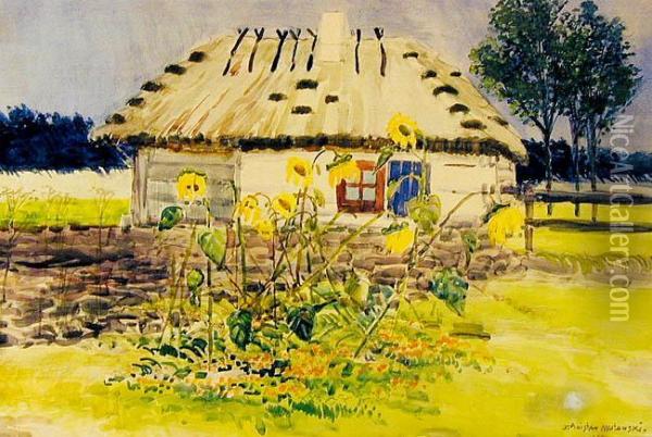 Sloneczniki Przed Chata, 1920 R. Oil Painting - Stanislaw Maslowski