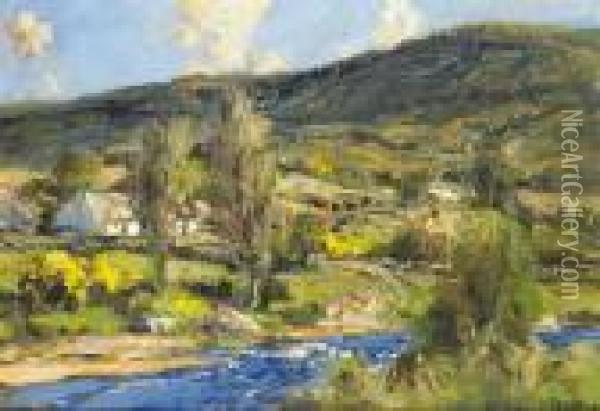 The River Dun With Gorse In Flower And Cottages Beyond Oil Painting - James Humbert Craig