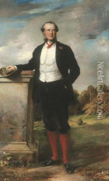 Portrait Of Beilby Richard 
Lawley, 2nd Baron Wenlock, Full-length, In A Brown Suit With A White 
Waistcoat, Standing On The Terrace At Escrick Hall Oil Painting - George Richmond
