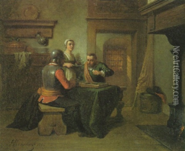 Zwei Landsknechte Beim Brettspiel In Der Stube Am Kamin Oil Painting - Hendricus Johannes Scheeres