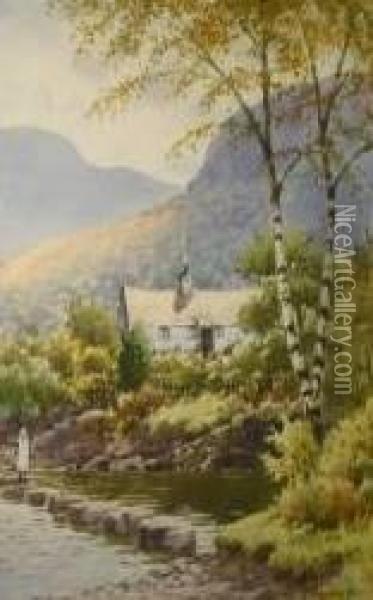 Conwy Valley Landscape With Lady On Stepping Stones And Cottage Oil Painting - Warren Williams