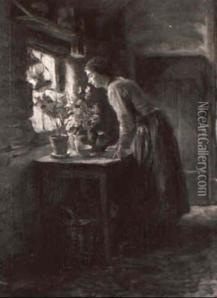 Lady In Interior With Flowers Oil Painting - Roland Lary