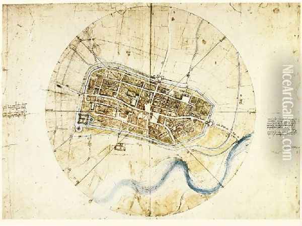 Town Plan Of Imola Oil Painting - Leonardo Da Vinci