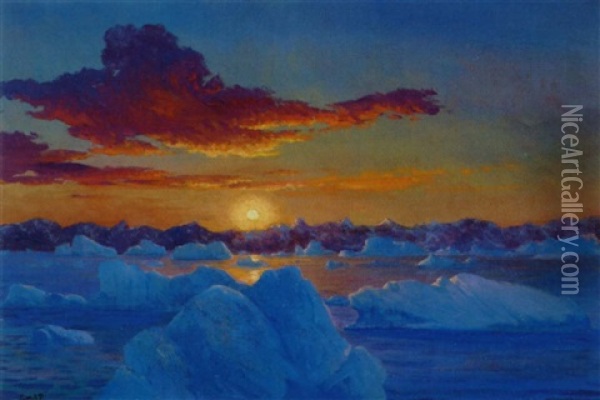 Solnedgang Over Gronlandske Isbjerge Oil Painting - Emanuel A. Petersen