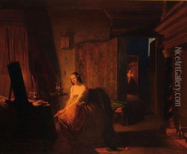 Lady In Front Of A Mirror By The
 Light Of A Fire-place, In The Background A Maid Holding A Candle Oil Painting - Hubertus, Huib Van Hove