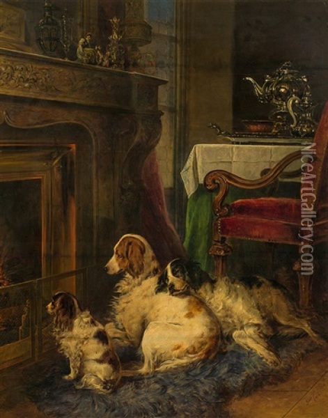 Three Dogs In Front Of A Fireplace Oil Painting - Johann Matthias Ranftl