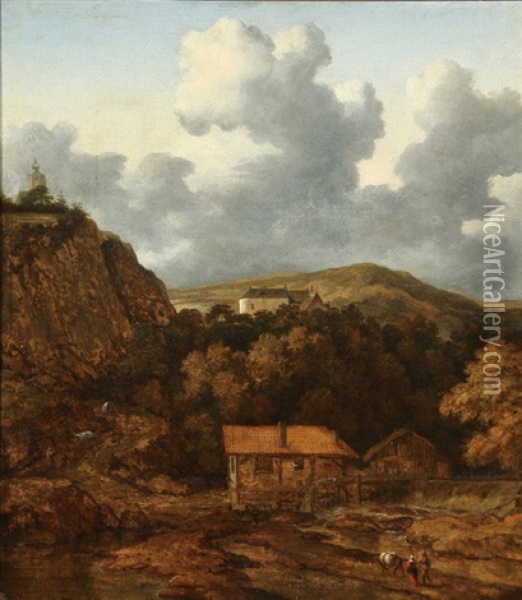 Travelers In An Expansive Landscape With Mill Oil Painting - Allaert van Everdingen