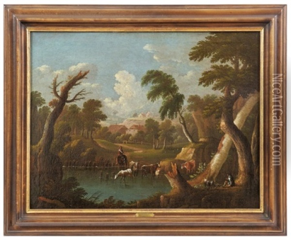 Landschaft Mit Hirten Und Seinem Vieh An Der Tranke Oil Painting - Johann Georg Von Bemmel