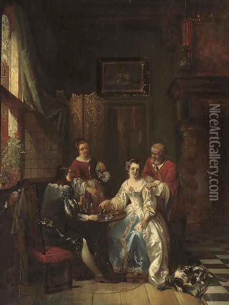 A lesson in chess Oil Painting - Adrien Joseph Verhoeven-Bell