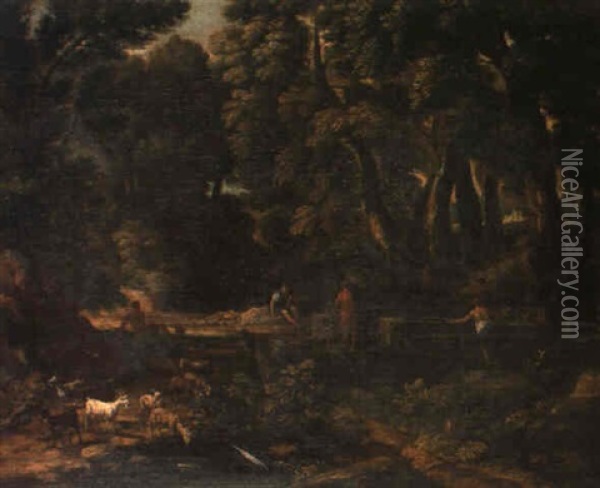 A Roman Landscape With A Shepherd Driving His Flock Along A Path Oil Painting - Gaspard Dughet