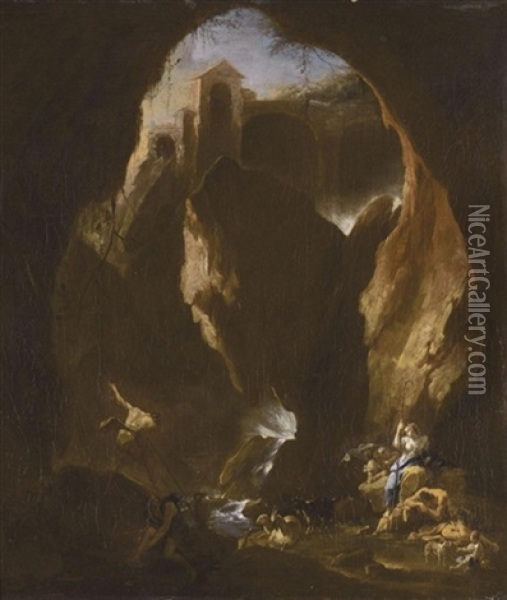 Classical Figures In A Cave Beside A Waterfall (after A Collab. W/philip Peter Roos) Oil Painting - Alessandro Magnasco