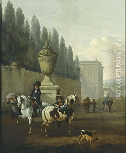 A Landscape With Two Horsemen And Two Dogs Near A Walled Garden, Other Horsemen In The Background Near A Palace Oil Painting - Pieter Wouwermans or Wouwerman